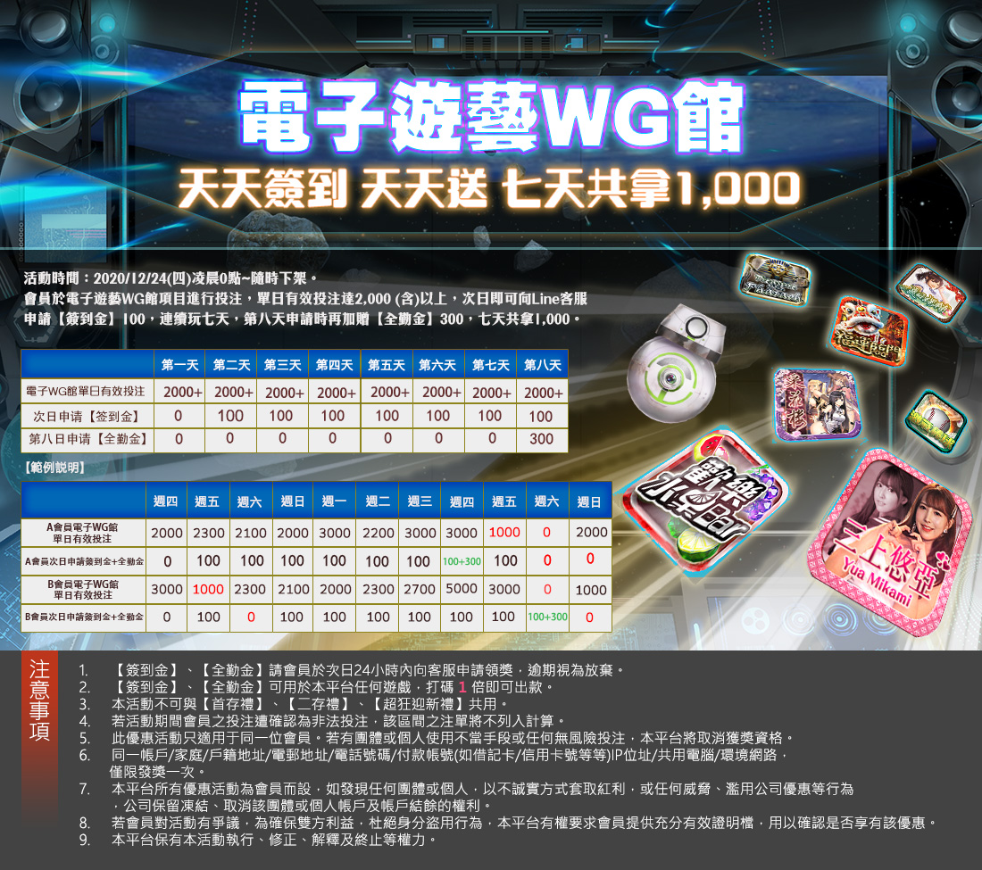 大老爺娛樂城 電子老虎機WG場館 天天簽到 天天送